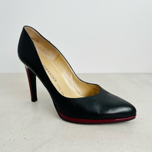Peter Kaiser Black Full Leather High Heeled Shoes With Burgundy Heel Trim - Picture 3 of 7